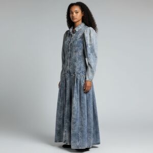 Vintage Contempo Casuals Hollywood Era Long Sleeve Acid Wash Denim Maxi Dress